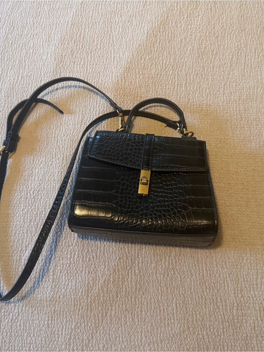 Mango Black Croc-Embossed Mini Top-Handle Bag with Gold Hardware